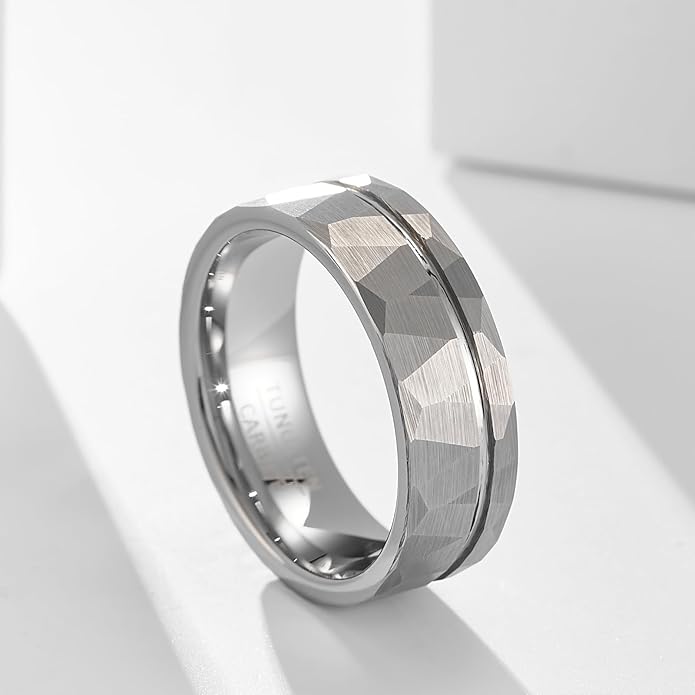 | Faceted Borderline Band - 8mm Wide Textured Grey Tungsten Ring for Men & Women