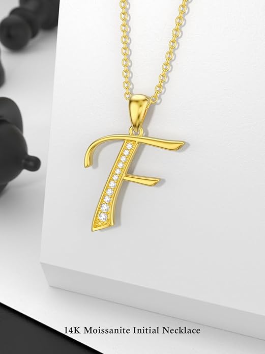 14k Gold Initial Necklace for Women, Solid Gold Moissanite Letter Pendant Necklaces Jewelry for Her Birthday Valentines Day Gifts for Mom Wife Christmas Gifts for Girlfriend Sister