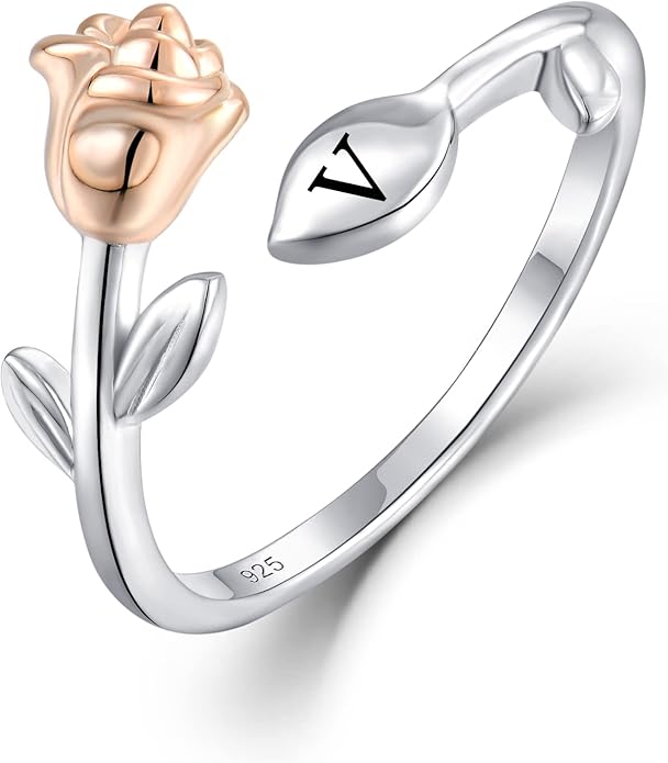STARCHENIE Rose Initial Ring for Women 925 Sterling Silver Letters A-Z 26 Alphabet Adjustable Ring Size 7