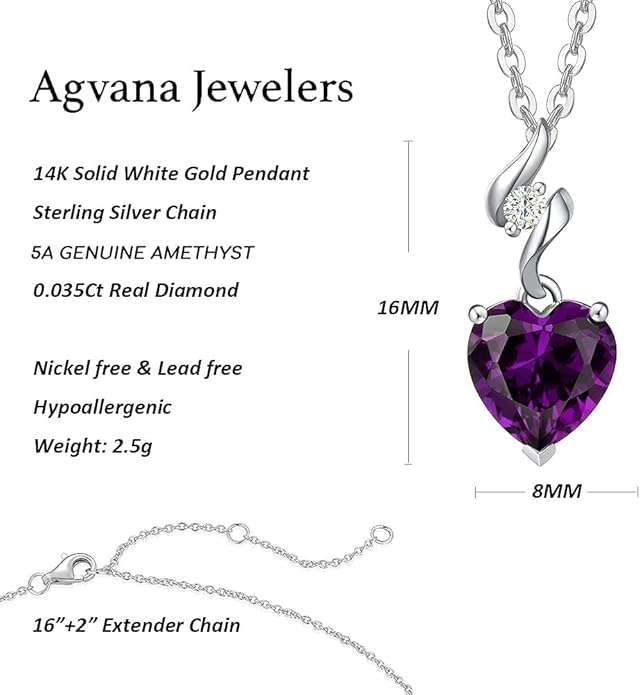 AGVANA Valentines Day Gifts 14K Solid White Gold Diamond Gemstone Pendant with Sterling Silver Chain 8mm Heart Birthstone Necklace Fine Jewelry Anniversary Birthday Gifts for Women Mom Wife