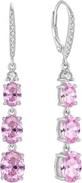 Women 925 Sterling Silver Birthstone 3-stone Leverback Drop Dangle Earrings 5A Cubic Zirconia Jewelry for Her