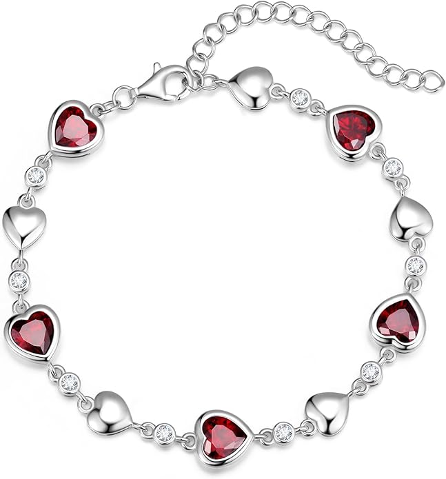 Carleen Birthstone Bracelets for Women 925 Sterling Silver Five Heart Station Created Gemstone Tennis Bracelet Jewelry Anniversary Birthday for Wife, 7"+1.2" Extender