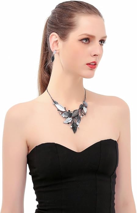 AMYJANE Vintage Statement Jewelry Set - Spring Leaf Flower Floral Plant Necklace Earring Set Crystal Rhinestone Fashion Costume Jewelry for Women Prom Party Unique Gift