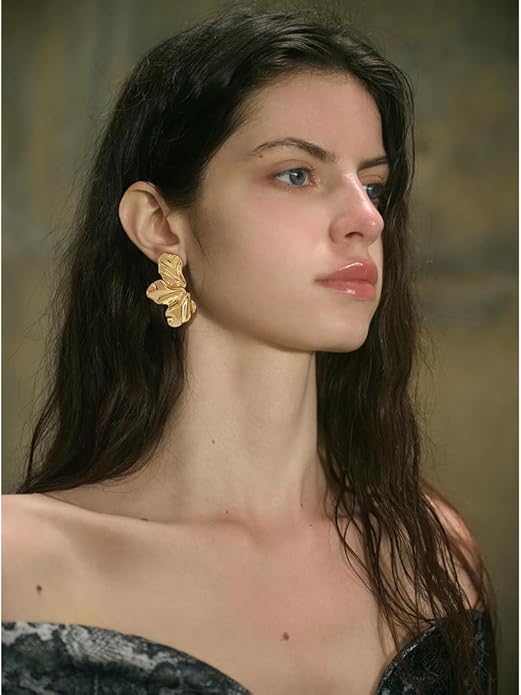 Chunky Gold Statement Earrings For Women Gold Plated Sectored Flower Leaf Shell Angel Wing Earrings Trendy Boho Jewelry For Women Large Stud Earrings Hypoallergenic Earrings