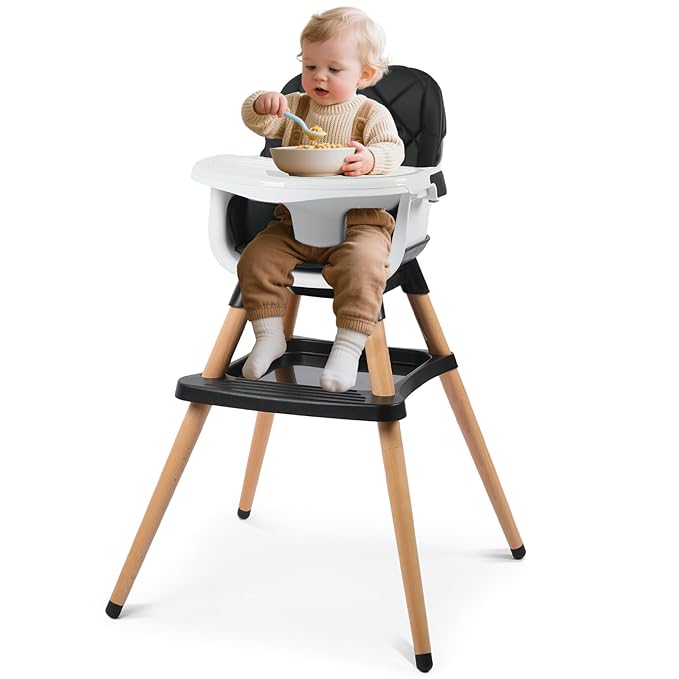 Kinder King 7 in 1 Baby High Chair for Babies and Toddlers with Large Storage Footrest, Booster Seat, Convertible Wooden High Chair with 3-Depth Double Dishwasher Safe Tray, 5 Point Harness, Black