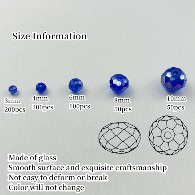 600pcs Crystal Glass Beads 3mm 4mm 6mm 8mm 10mm Rondelle Faceted Crystal Beads Spacer Beads for Necklace Bracelet Earrings DIY Jewelry Crafts Making Supplies(Blue AB)