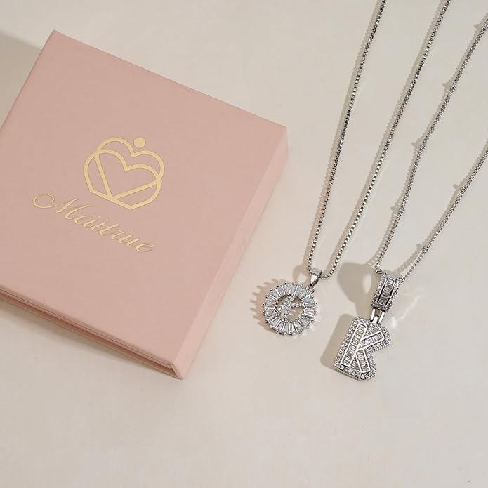 Initial Letter Necklace for Women 14k White Gold Silver Plated Dainty Necklaces Trendy Chunky Custom Layered Necklace Set Personalized Round Circle Zirconia A-Z Letter Chain Pendant Jewelry Gift
