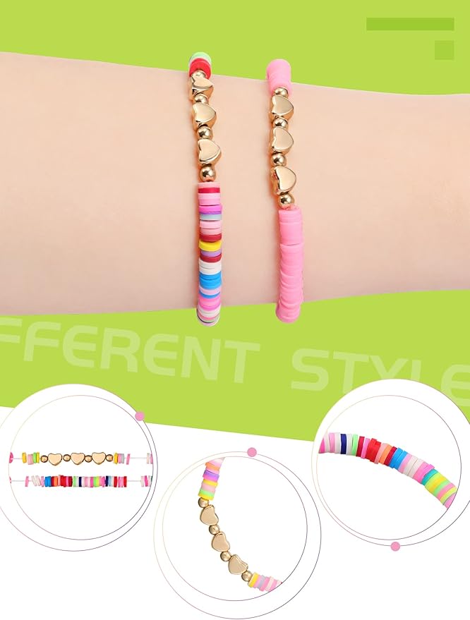 Sureio 24 Pcs Valentines Friendship Bracelets for Kids Colorful Heart Surfer Bracelets Stackable Stretch Beaded Jewelry for Girls Women Valentine's Gifts Birthday Party Favors