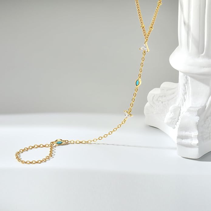 Cicy Bell Hand Chain 18k Gold Plated Bracelet for Women Trendy Teardrop Cubic Zirconia Adjustable Finger Ring Slave Dainty Bracelets Jewelry Gifts