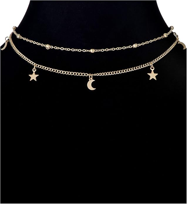 12pcs Chain Gold Bead Necklace Coin Moon Star Pearl Pendant Chain Choker Multilayer Necklace Leather Cord Set for Women Men Adjustable Gold Tone