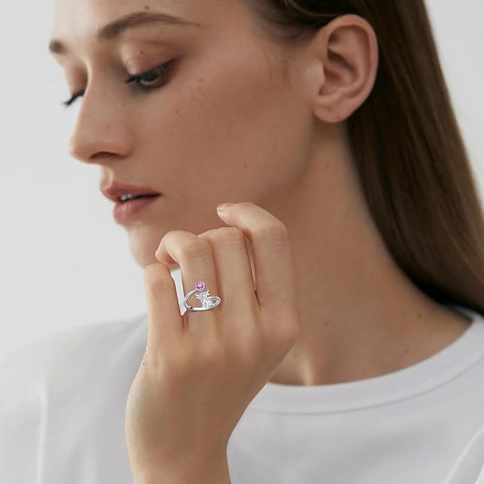 Highland Cow Ring 925 Sterling Silver Adjustable Ring Birthstone Ring Engraved Name Highland Cow Gifts Jewelry for Women