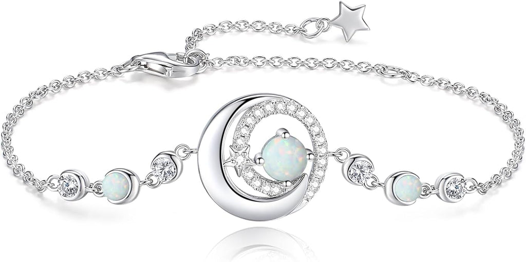 FANCIME Birthstone Bracelets 925 Sterling Silver Moon and Star Bangle Charm Bracelet Fine Jewelry Birthday Anniversary Christmas Day Gift for Her Women, Adjustable Chain 6.7"+1.2" Extend
