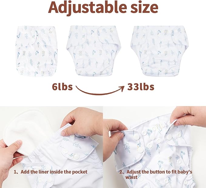 HappyFlute 9 Sets Newborn Baby Cloth Pocket Diapers Adjustable Reusable for Baby Boys and Girls(6-33 pounds,0-3 Years),One Wet Bag+4Diapers and 4Inserts (AD07)