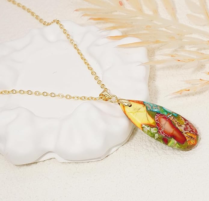Stone Necklaces for Women Teardrop Gemstone Pendant Necklace Natural Stone Chain Necklaces