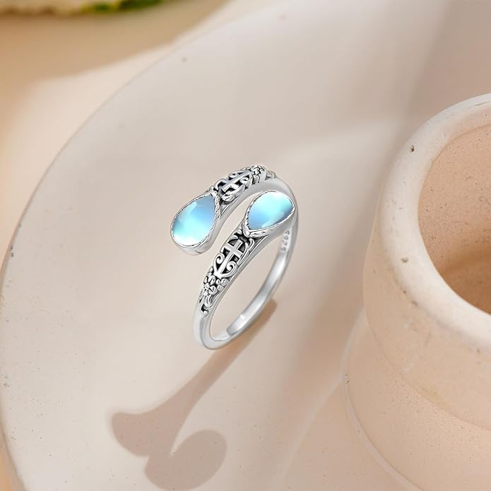 Moonstone Ring for Women 925 Sterling Silver Adjustable Open Ring Boho Statement Jewelry Gift for Her