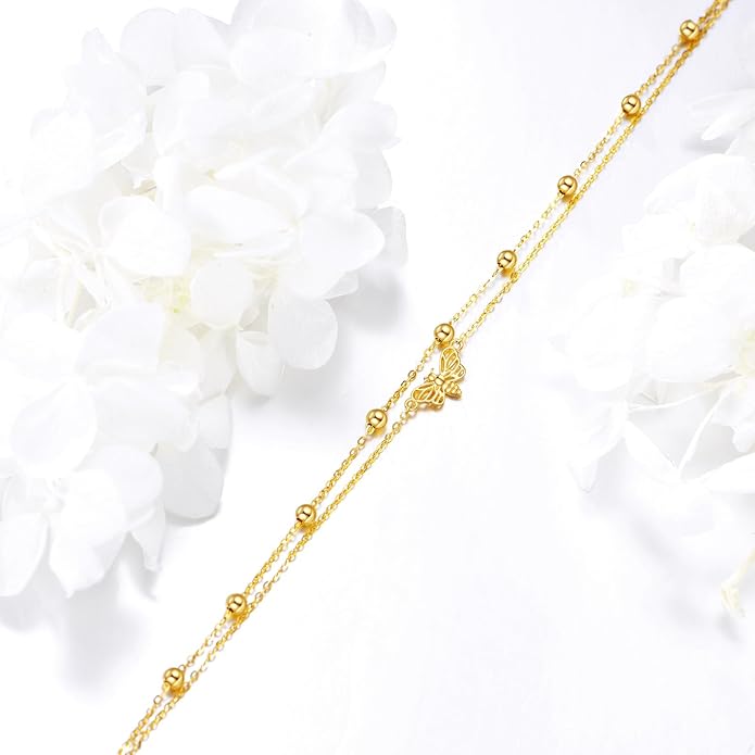 KECHO 14k Yellow Gold Butterfly/Dragonfly/Frog/Sunflower/Daisy/Tree of life/Moon/Clover Bracelet Anklet for Women