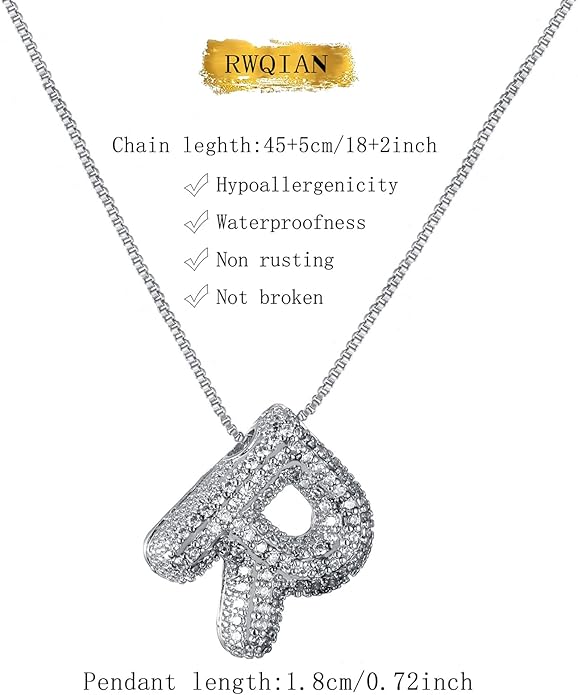 RWQIAN Letter Necklace for Women Bubble, Chunky Initial Alphabet A-Z Pendant Puffy Name Personalized Necklace Dainty Zircon CZ Fashion Jewelry Gifts for Girls Girlfriend