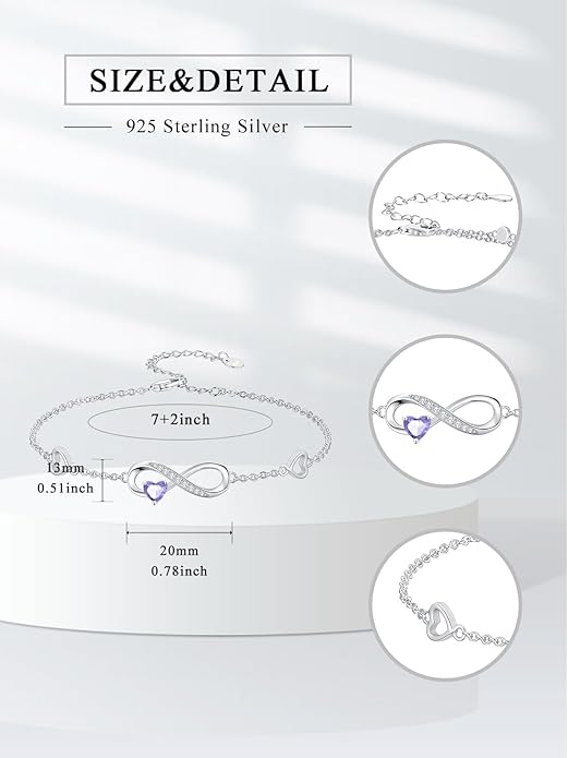 Dorunmo Infinity Heart Anklet Bracelet for Women 925 Sterling Silver Adjustable Infinity Birthstone Bracelet Friendship Jewelry Gifts for Women Birthday Christmas