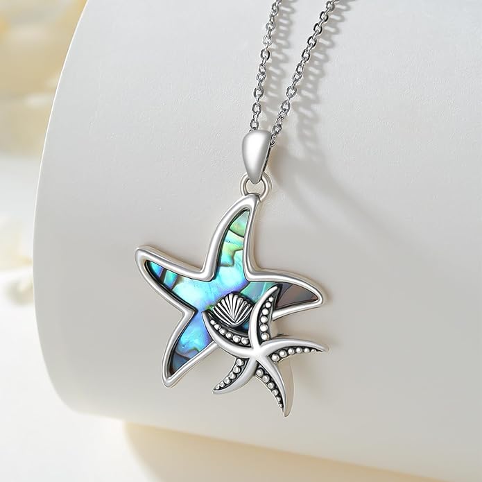 Cuoka Starfish Necklace 925 Sterling Silver Abalone Double Seashell Ocean Sea Beach Star Pendant Necklaces Ocean Jewelry for Women Bestfriend Summer Holiday Graduate Gift