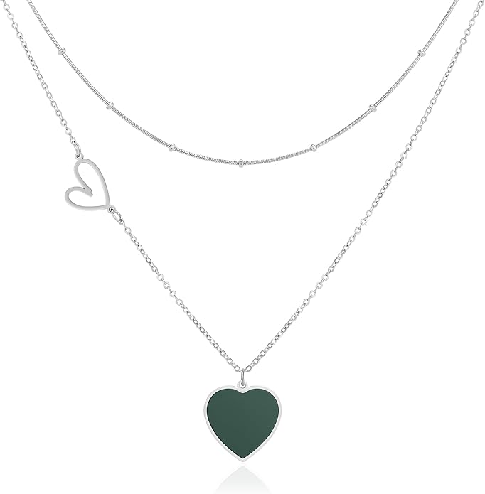 Linawe Layered Choker Heart Pendant Necklace for Women Trendy, Gold/Silver/Rose Gold Chain Stainless Steel Stacked Necklaces, Double Heart Necklace Y2K Preppy Jewelry
