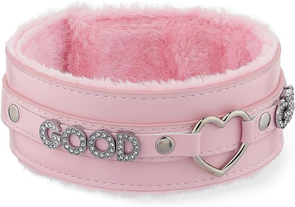 Pink Furry Heart O-ring Leather Choker Collar For Women, Handmade Punk Gothic Letter Necklace Adjustable Fashion Jewelry