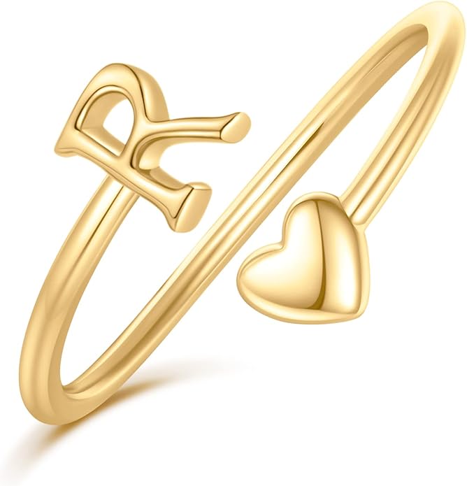 Initial Rings for Women Girls - Valentines Day Gifts for Her, Adjustable Rings for Women Non Tarnish Letter A-Z Dainty Heart Ring Teen Girls Gifts Trendy Stuff Personalized Jewelry Gift