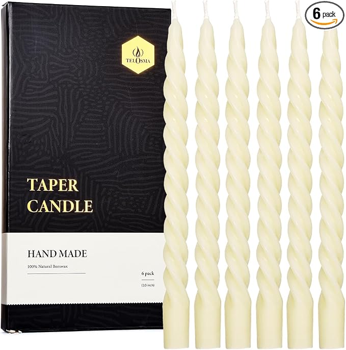 Natural Beeswax Spiral Taper Candles Pack of 6, Organic Dripless Long Candle by TELOSMA