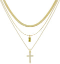 3Pcs Gold Layered Necklaces for Women, 14K Gold Plated Cross Necklace, Dainty Birthstone Necklace for Women, Herringbone Gold Necklaces Set, Stackable Women's Gold Pendant Necklaces Jewelry Set