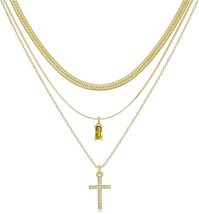 3Pcs Gold Layered Necklaces for Women, 14K Gold Plated Cross Necklace, Dainty Birthstone Necklace for Women, Herringbone Gold Necklaces Set, Stackable Women's Gold Pendant Necklaces Jewelry Set