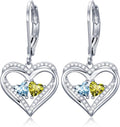 Valentines Day Gifts for Women, Heart Leverback Earrings Double Birthstone Dangle Earrings for Women, Love Jewelry for Her, Anniversary Birthday Gift for Mom Wife Girlfriend