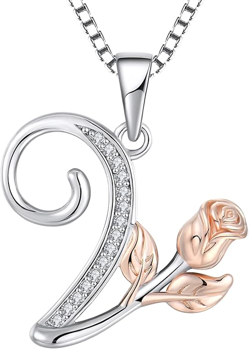 STARCHENIE Initial Necklace for Women Sterling Silver Letters 26 Alphabet Pendant Rose Flower Jewelry Gifts for Family Sisters Friend