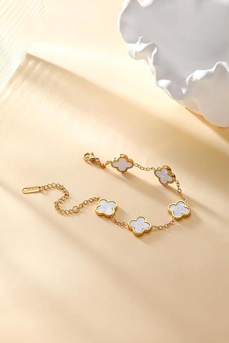 Gold Bracelets for Women‌,Four Leaf Clover Bracelet‌,Fashion Jewelry for Women,Gifts for Women,Lucky Bracelet for women,Double-sided Same Color,18K Gold-plated Titanium Steel