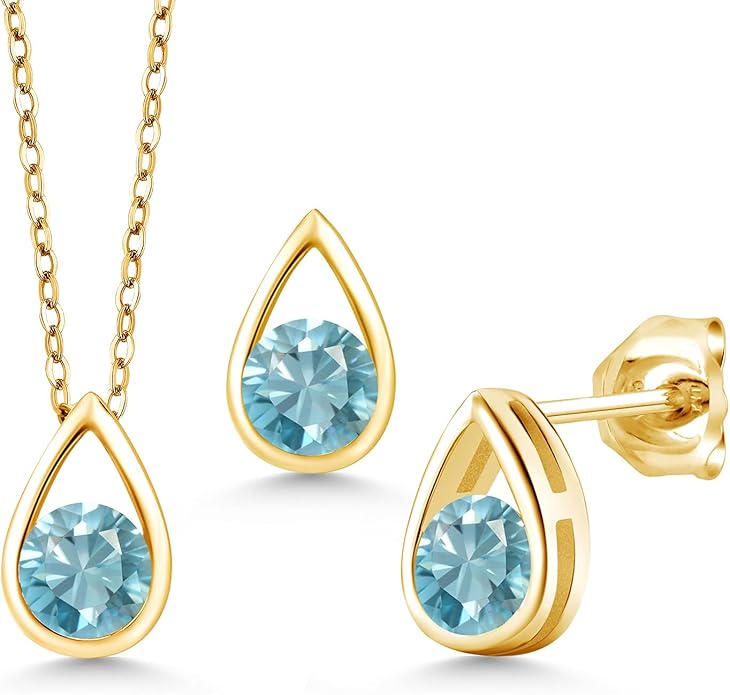 Gem Stone King 18K Yellow Gold Plated Silver 5MM Round Gemstone Birthstone Teardrop Pendant Earrings Set | Jewelry Set for Women | With 18 Inch Chain
