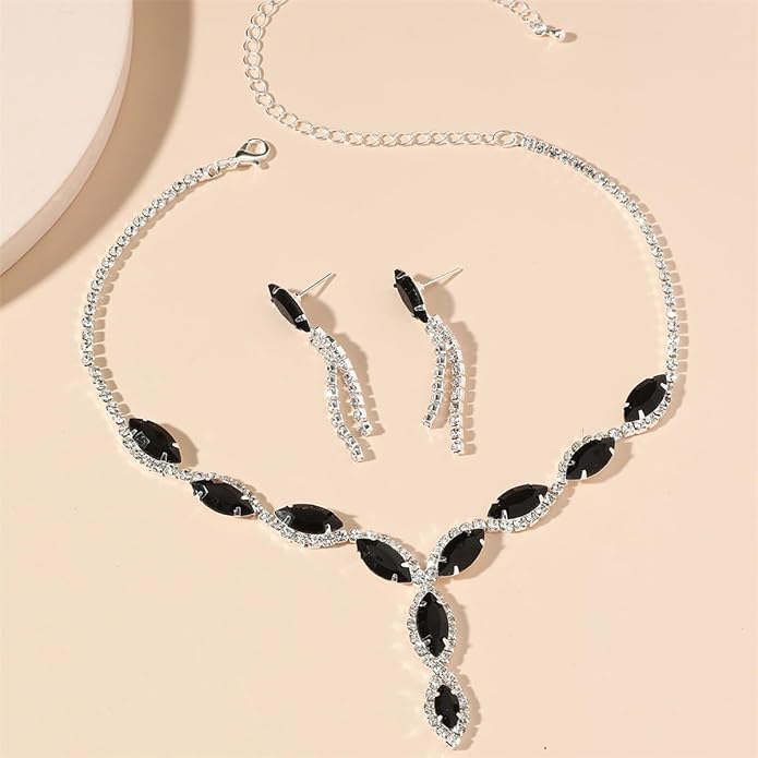 Silver Rhinestone Prom Jewelry Set for Women,Black Glitter Crystal Chain Choker Necklace Cz Drop Earring for Wedding Bridal,Formal Costume Accessories