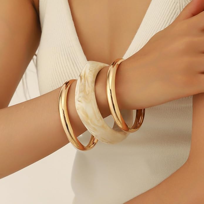 3PCS Chunky Acrylic Bangle bracelets Set for Women Resin Bangle Gold Bracelet Stack Fashions Thick Acetate Statement Trendy Jewelry Set