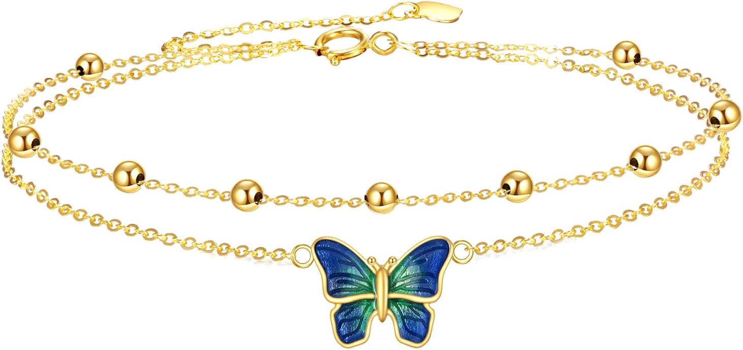 KECHO 14k Yellow Gold Butterfly/Dragonfly/Frog/Sunflower/Daisy/Tree of life/Moon/Clover Bracelet Anklet for Women