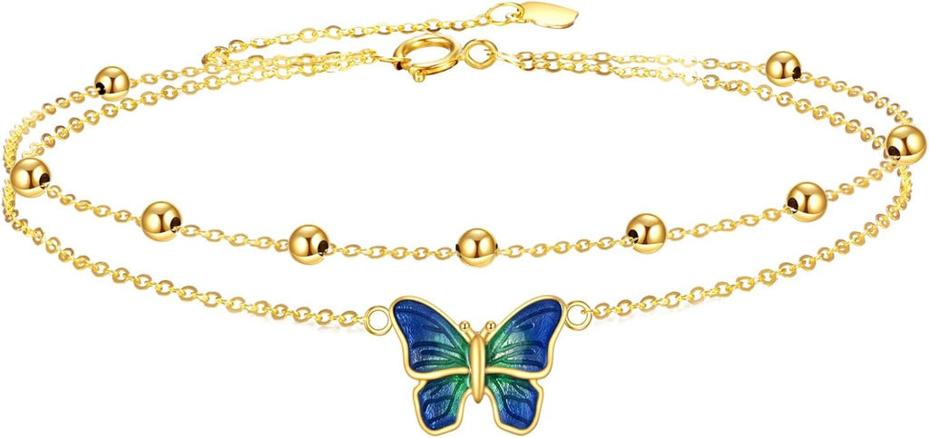 KECHO 14k Yellow Gold Butterfly/Dragonfly/Frog/Sunflower/Daisy/Tree of life/Moon/Clover Bracelet Anklet for Women