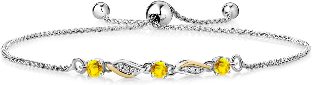 Gem Stone King 3-Stone Adjustable Bracelet for Women | 925 Silver and 10K Yellow Gold | Gemstone Birthstone and Lab Grown Diamond | Round 3MM | Two-Tone Adjustable Tennis Bracelet Up to 9 Inch