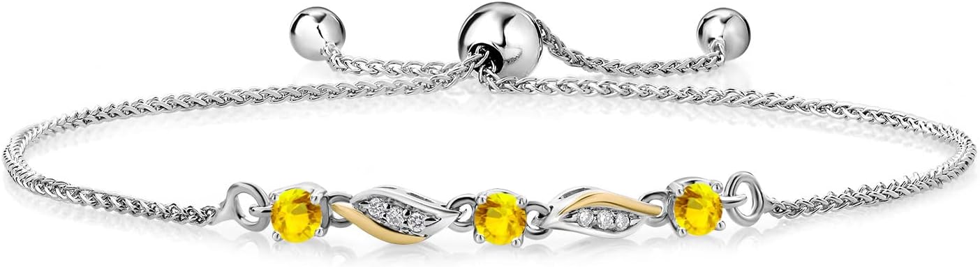 Gem Stone King 3-Stone Adjustable Bracelet for Women | 925 Silver and 10K Yellow Gold | Gemstone Birthstone and Lab Grown Diamond | Round 3MM | Two-Tone Adjustable Tennis Bracelet Up to 9 Inch