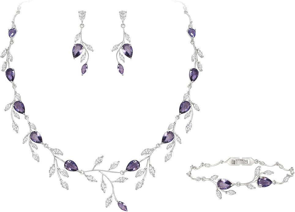 EVER FAITH Wedding Jewelry for Bride Women Bridesmaid, Sparkly Cubic Zirconia Pear-Shaped Birthstone Leaf Necklace Earrings Set for Prom