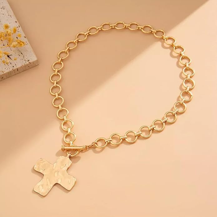 18k Gold Chunky Cross Necklace for Women Hammered Cross Choker Necklaces Bold Statement Necklace Trendy Jewelry