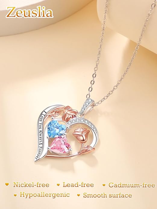 Valentine's Day Gifts for Wife 925 Sterling Silver Double Birthstone Pendant Necklaces I Love You for Always and Forever Necklace Anniversary Birthday Gifts for Wife Girlfriend Mom Her