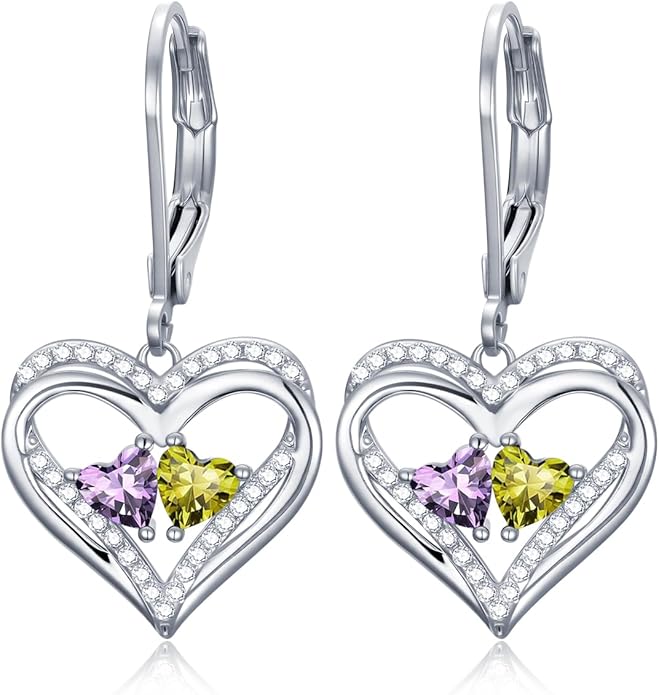 Valentines Day Gifts for Women, Heart Leverback Earrings Double Birthstone Dangle Earrings for Women, Love Jewelry for Her, Anniversary Birthday Gift for Mom Wife Girlfriend