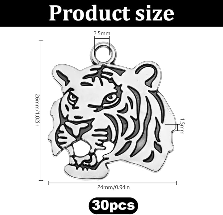 30pcs Tiger Head Charm Animal Tiger Pendants Alloy Tigers Charm Beads Dangle Charms for Jewelry Making Necklace Bracelet Keychain Earring DIY Craft Accessories