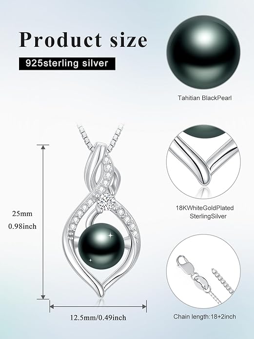 Tahitian Black Pearl 18K White Gold Plated Sterling Silver Heart/Infinity/Four Leaf Clover Pendant Necklace Jewelry Gifts for Women Wife Mom Girlfriend Wedding Birthday Anniversary Christmas