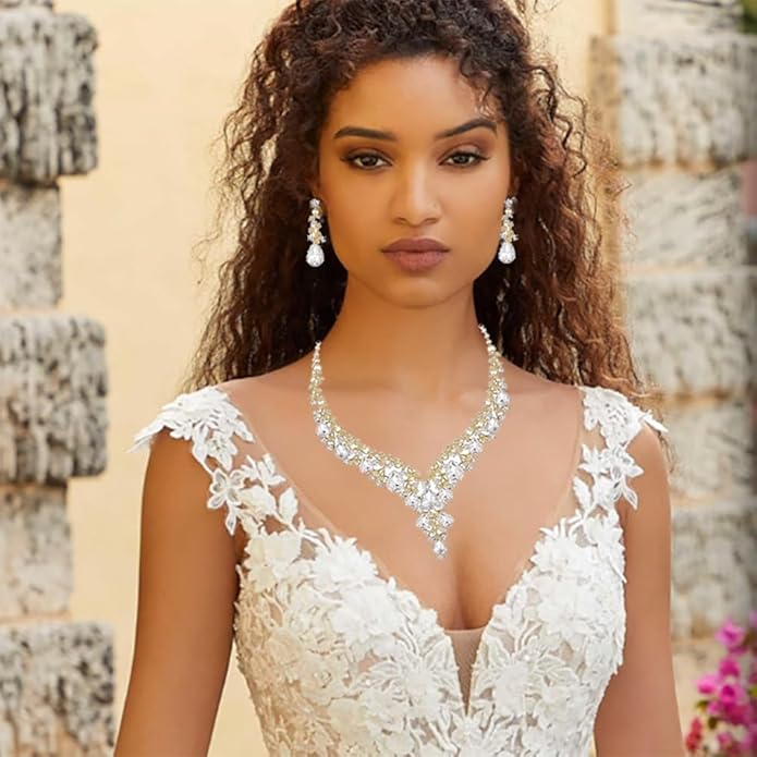 Bridal Bridesmaid Austrian Crystal Jewelry Set, Floarl rhinestone Statement Neckace Teardrop Necklace Drop Dangle Earrings Set