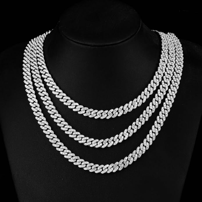 HH BLING EMPIRE 14k Gold/Silver Cuban Link Chain for Women Iced Out Diamond Chunky Cuban Link Necklace Chain Bracelet 2pcs Sets