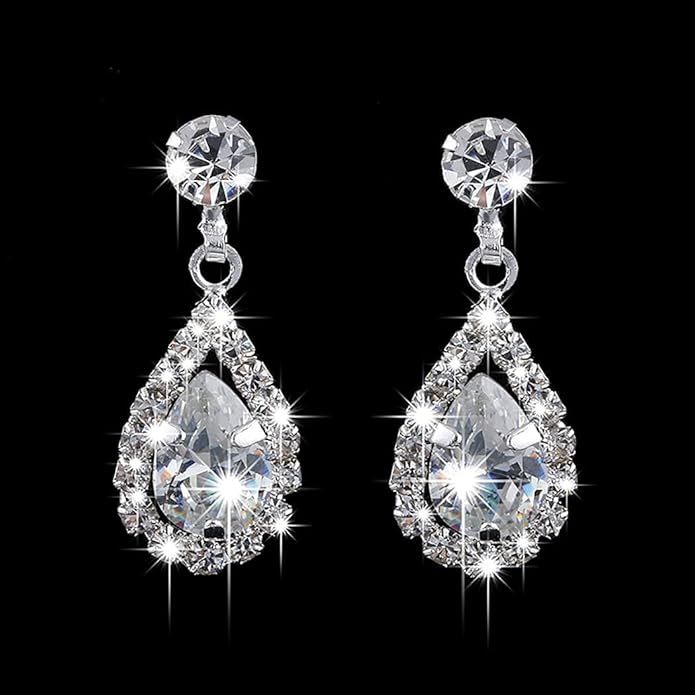 Silver Crystal Bridal Jewelry Set, Teardrop Dangle Earrings Rhinestone Necklace Bracelet for Bride Bridesmaid Crystal Bridal Wedding Party Jewelry Sets