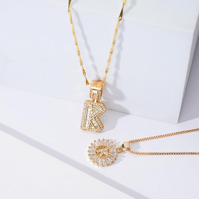Letter Necklace 14k Gold Plated Bling Dainty Necklaces Trendy Chunky Custom Name Necklace Personalized Round Circle Pendant Zirconia Letters Name Crystal Jewelry Gifts for Women