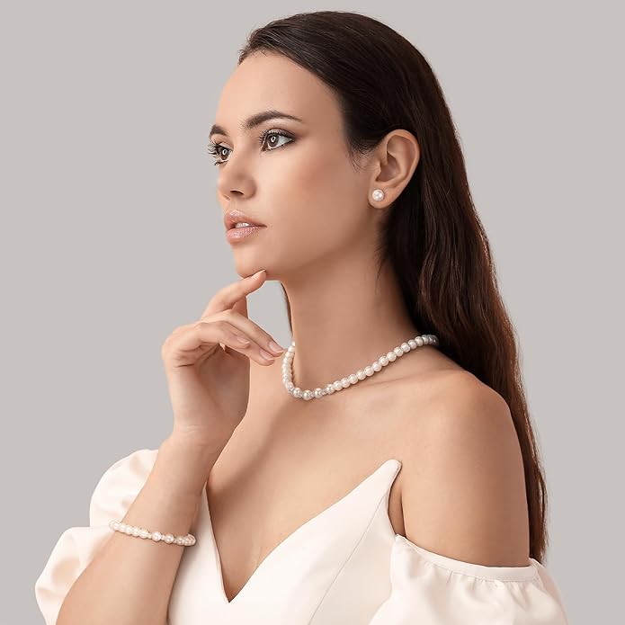 Glenmal Pearl Rhinestone Jewelry Set for Women Pearl Necklace Bracelet Earrings for Wedding Birthday Bridal Shower Tea Party